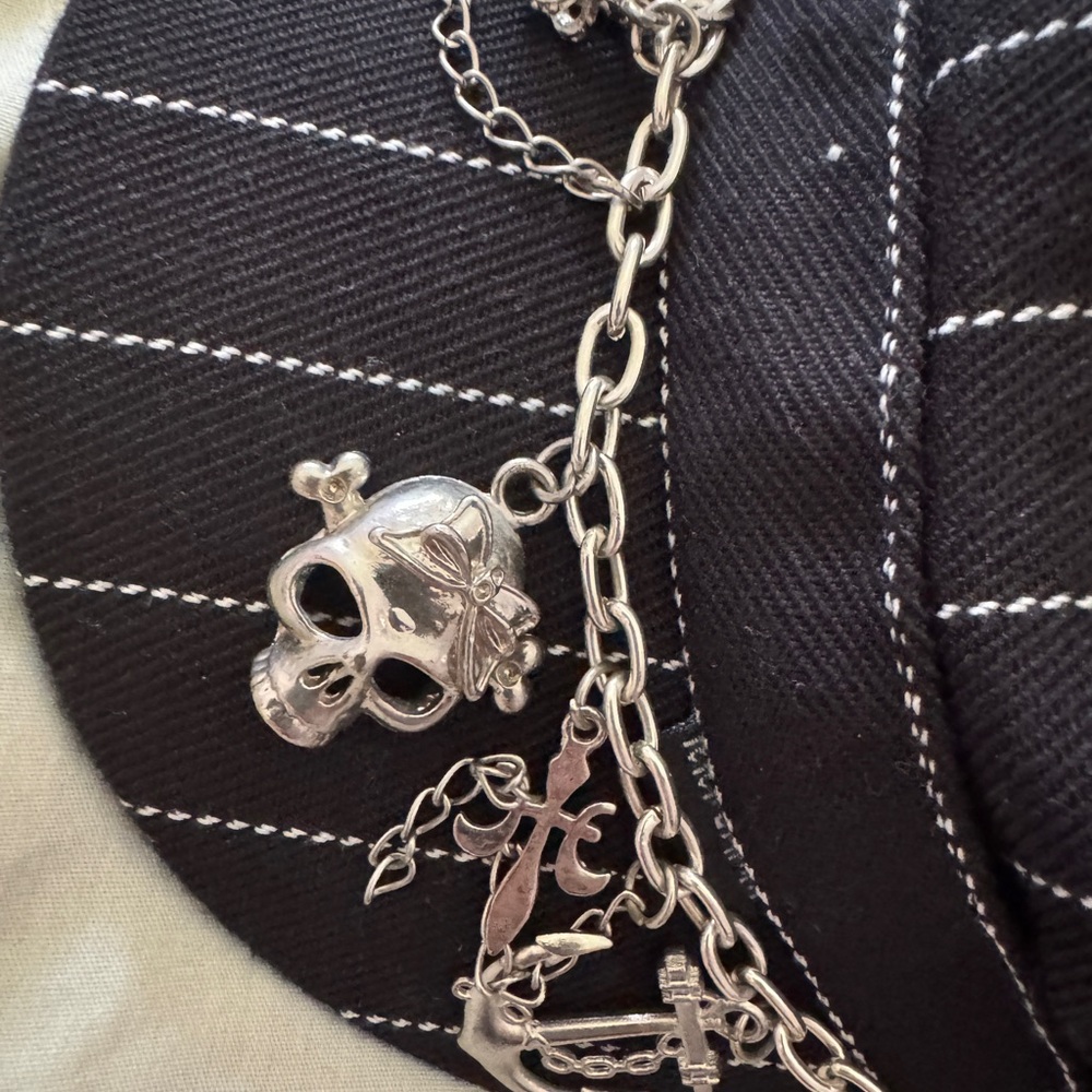 Black and White Striped Hat with Silver Skull Chain never worn